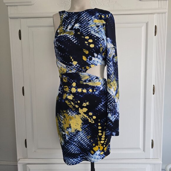 Vintage NWT ASOS Asymmetrical Navy Print Cut Out Dress, Size 2 - Picture 3 of 10
